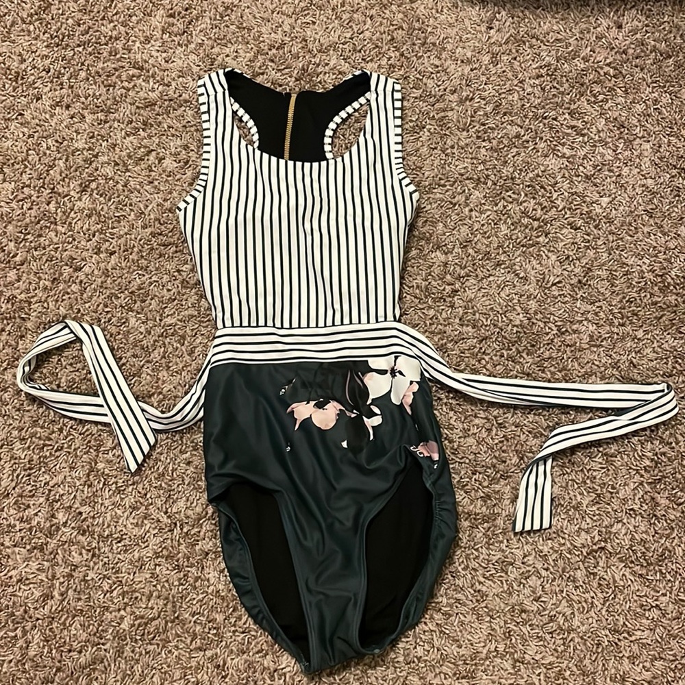 Albion Striped Black and White One-Piece Swimsuit with Floral Detail